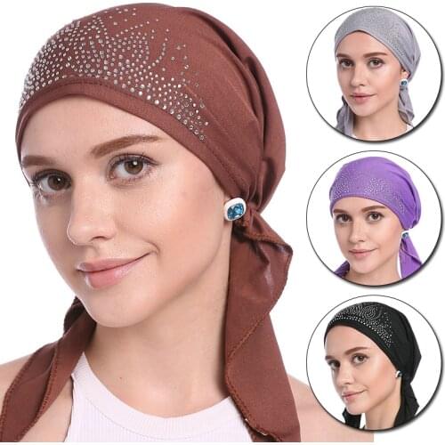 1PC Women Turban Head Wrap Chemotherapy Cap Solid Color Hot Drilling Elastic Fashion Muslim Hat Headband Indian Cap Accessories