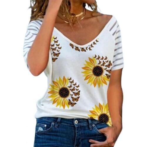 80%HOT Summer Women T-shirt V Neck Flower Butterfly Short Sleeve Loose Blouse Top Pullover for Work