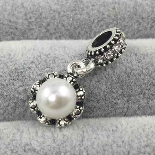 White Pearl With Crystal Dangle Pendant European Beads Fit Charms Bracelets&Bangles Necklace