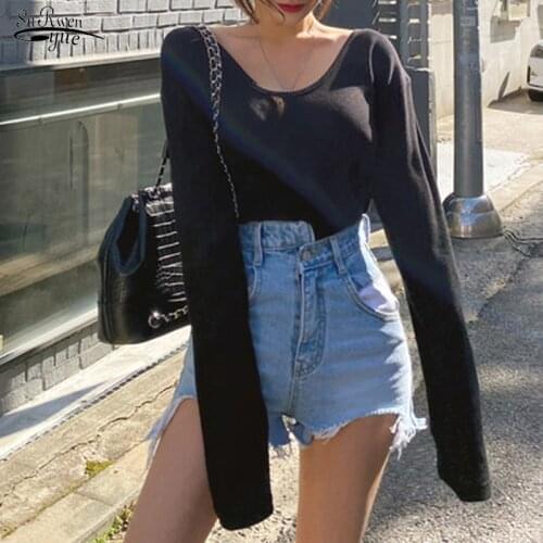 Black Sexy V-neck T-shirt Loose T-shirts Women Autumn Fashion Long Sleee Womens Shirts Korean Pop Top Female Streetwear 11980