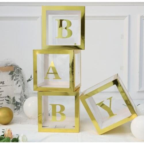 Boy Girl DIY Gold Transparent Boxes Baby Shower Decorations Kids Name Age Christening Alphabet From A-Z Letter Wedding Supplies
