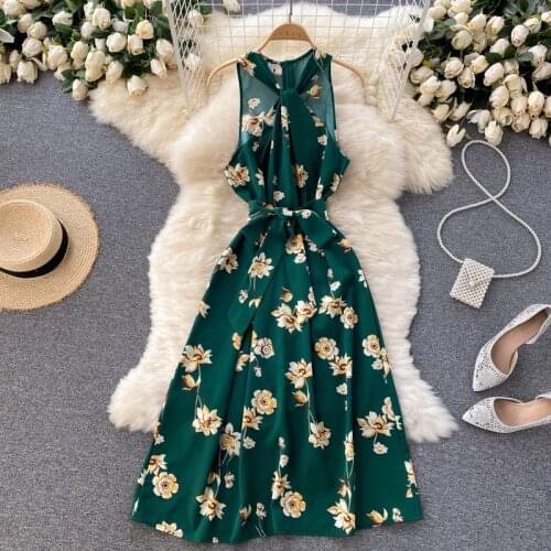 Elegant Robe Halter Floral Chiffon Midi Dress Womens Sleeveless Strapless Lace-Up Vintage Dress Ladies Vestidos 9 Colors
