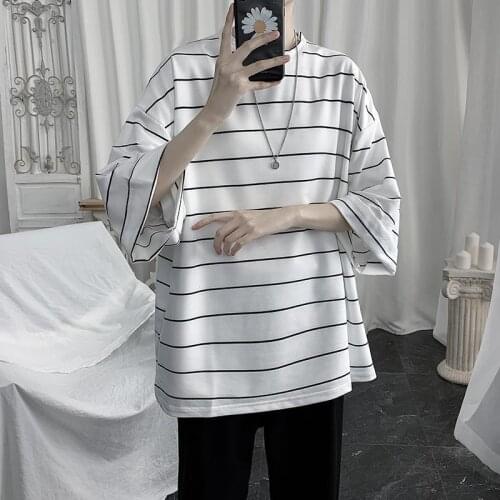 Oversized Men T Shirt Summer Striped Short Sleeve O Neck Loose Hip Pop Streetwear Harajuku Men Cotton Korean Clothing Tops