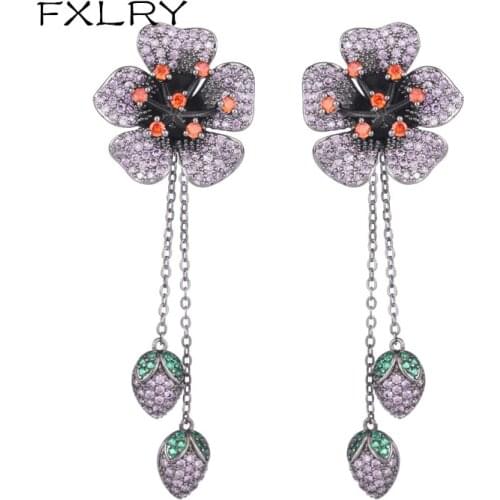 Fxlry Luxury Gun Black Purple Micro-Inlaid Zircon Long Tassel Flower Earrings For Women Party Jewelry