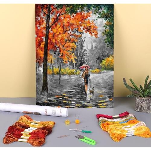 Intriguing Autumn Printed Water-Soluble Canvas 11CT Cross-Stitch Embroidery Complete Kit DMC Threads Sewing Hobby Design