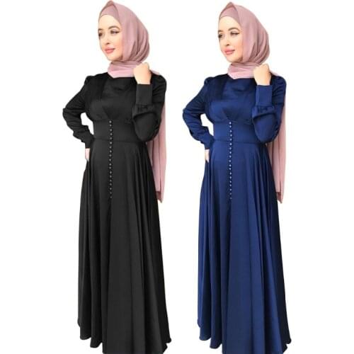 Islamic Long Sleeve Satin Maxi Dress Button Pleated Slim Abaya Dubai Long Robe MXMA
