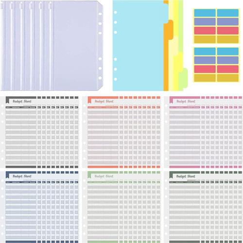 Expense Tracker Budget Sheets 60 Pcs with A6 6pc Binder Pocket 5pc Dividers 2pc Sticker Labels, Money Saving Organizer Budgeting
