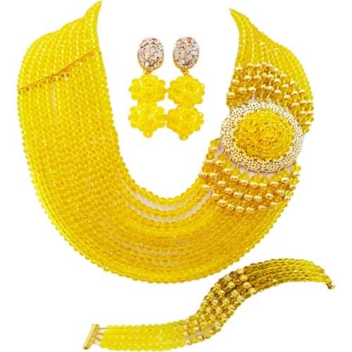 Best selling ! New Yellow Crystal Costume Nigerian African Wedding Beads Jewelry Necklaces Set NC1265