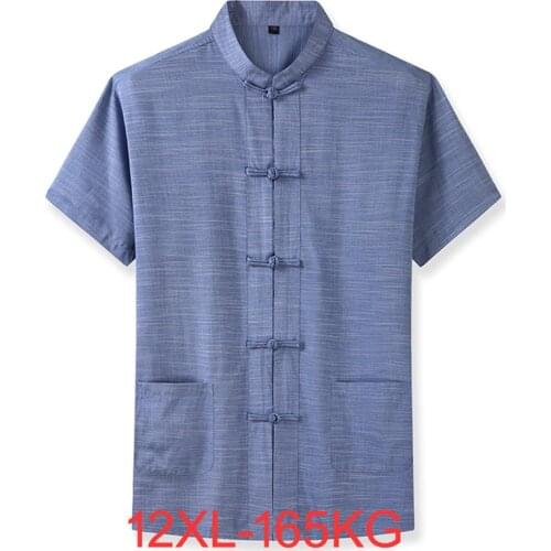 Plus Size 7XL 8XL 9XL 10XL 12XL Mens Short Sleeve Shirt Chinese Style Tang Suit Loose Casual Traditional Kung Fu Uniform Male