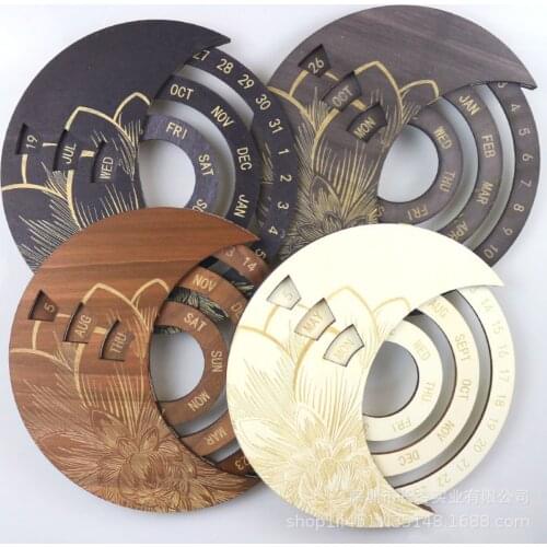 Circular Wall Hanging Calendar Wooden Perpetual Calendar 3D Moon Model, Rotating Disks Rustic Decor for Home, Office, Restaurant
