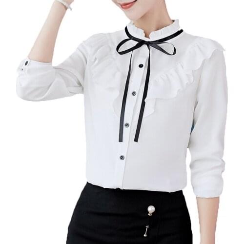 2021 New Fashion Plus Size Spring Summer Chiffon Shirts Casual Womens Clothing Long Sleeve Bow girls OL White Blouse Tops X708