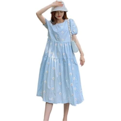 Maternity Dresses Cotton Embroidered Loose Plus Size Dress for Pregnant Women Clothes Blue Pregnant Dresses Maternity Clothes