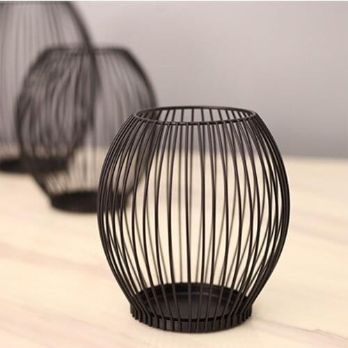 Iron Candle Holder Hollow Out Lantern-Shaped Candlestick Desktop Decor for Living Room Bedroom Black