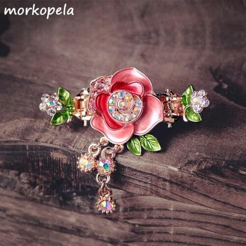 Morkopela Rose Flower Hair Accessories Vintage Women Banquet Hair Claw Charm Rhinestone Hair Clip Jewelry