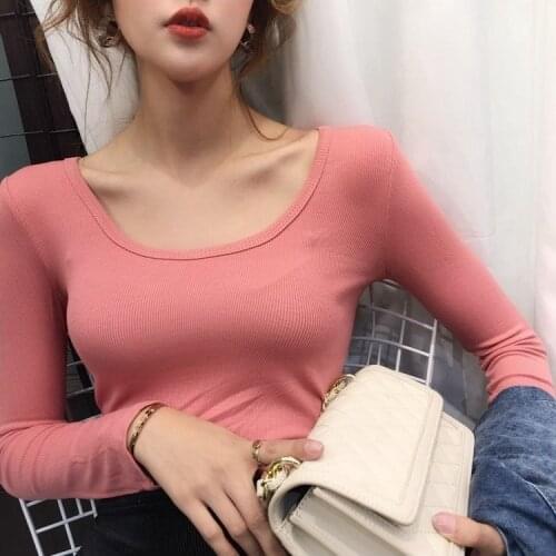 Woman Tshirts Cotton Low Cut Big U-Neck Long Sleeve T-shirt Womens Autumn Clothing Tops Mujer Camisetas