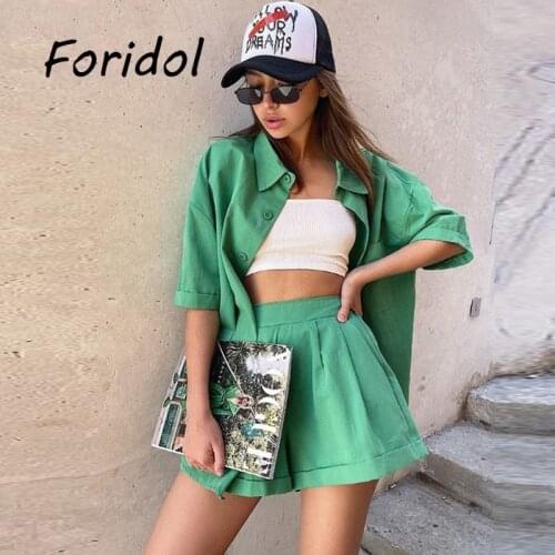 Womens Turn-down Collar Short Sleeve Blouse Shirts Suits Oversized 2021 Autumn Solid Shorts Female Casual Sport Two Piece Sets