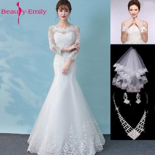 Beauty Emily White Lace Beads Wedding Dresses 2020 Mermaid Lace Up Appliques Bridal Dresses Wedding Gowns with veil Gloves