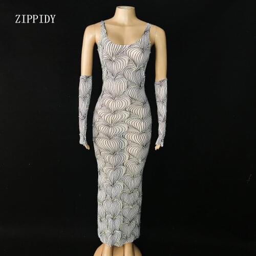 Sparkly AB Color Stones Heart Pattern Sleeveless Gloves Dress Singer Evening Birthday Party Stage Sexy Transparent Dresses