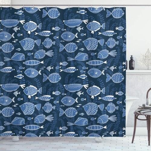 Ocean Shower Curtain Sealife Marine Navy Image with Tropic Fish Moss Leaves Artwork Image Bathroom Decor Set with Hooks 75" Long
