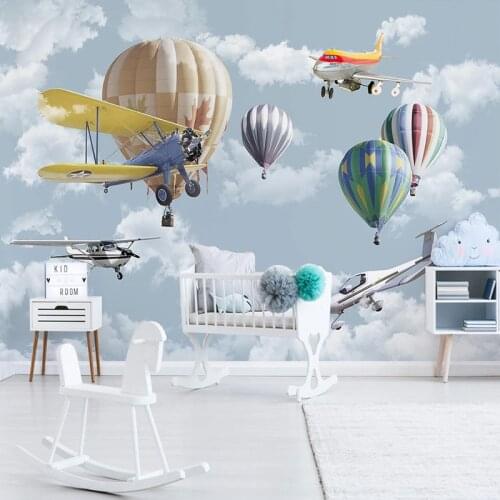 Photo Wallpaper 3D Hand-painted Cartoon Airplane Balloon Childrens Room Murals Nordic Style Creative Wall Painting Home Decor