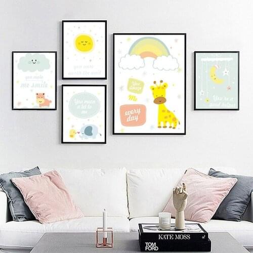 Ins Cute Cartoon Animal Decorative Painting Giraffe Sun Moon Clouds Childrens Room Mural Wall Pictures for Living Room Nursery