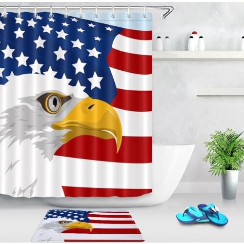 LB American flag Blue Star White Red stripe Shower Curtain and 12 Hooks Sets Kids Bathroom mat Waterproof Polyester Cloth Fabric