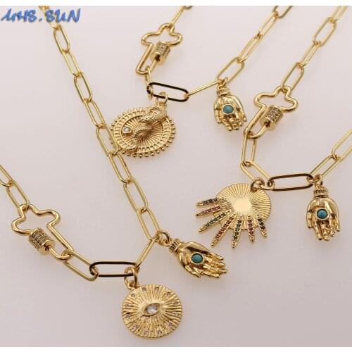 MHS.SUN Vintage Chunky Chain Necklace With Mosaic Zircon Religious Hand/Snake Pendant Chain Necklace Retro Women/Girls Jewelry