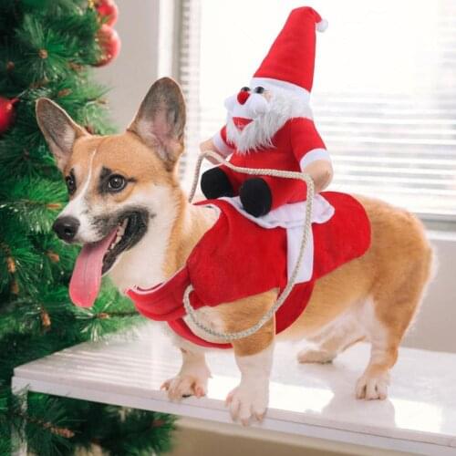 Cute Santa Claus Riding Deer Dog Costume Warm Dog Pet Christmas Transformed Cloak Shawl Lovely Santa Claus Riding Deer Dog