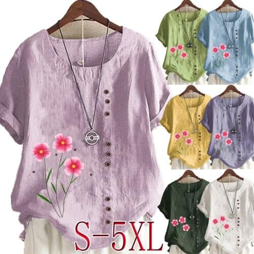 New Womens Summer Fashion Printing Round Neck Short-sleeved T-shirt Casual Loose Solid Color Shirt Plus Size Top S-5XL
