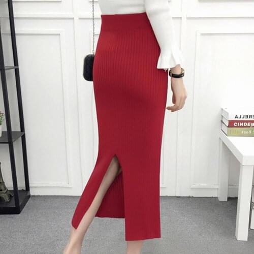 New Arrival High Waisted Sexy Women Solid Color Elastic Waistband Back High Slit Ribbed Knitted Long Skirt сарафаны женские 2021