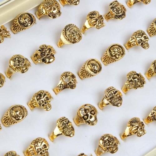 Wholesale mixed lot Gold color 25pcs/pack Hip hop fashion punk skull metal alloy skeleton jewelry rings