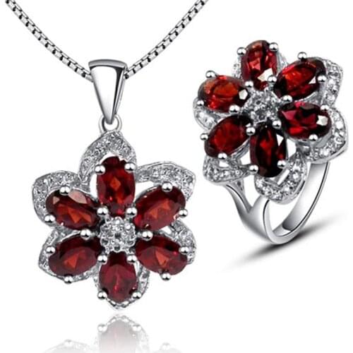 Luxurious Red Garnet Jewelry Sets 100% Natural Red Garnet 925 Solid Sterling Silver Ring Necklace Pendant Sets Fashion Girl Gift