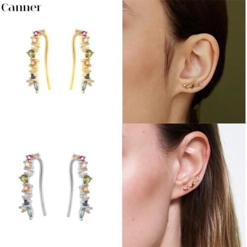CANNER 925 Sterling Silver Mini Stud Earring Colorful Rainbow CZ Zircon Round Climber Earrings for Women Fine Jewelry 2021 Trend