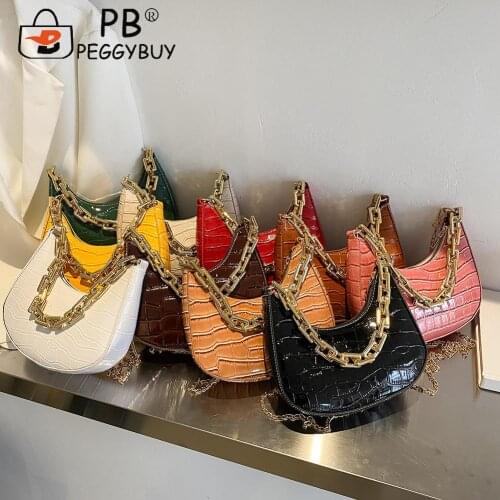 Vintage Women Alligator Pattern Thin Chain Shoulder Crossbody Bag Portable PU Leather Pure Color Street Travel Zipper Handbags
