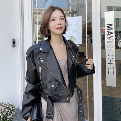 2021 Winter Coat Retro High Street Turn-down Neck Women PU Leather Jacket Short Black Faux Leather Jacket Female Loose