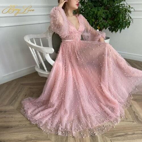 Berylove Pink Beaded Pearls Prom Dresses Tulle Party Dress A Line Gown V Neck Evening Dress Long Sleeves Satin Belt Girl Gowns