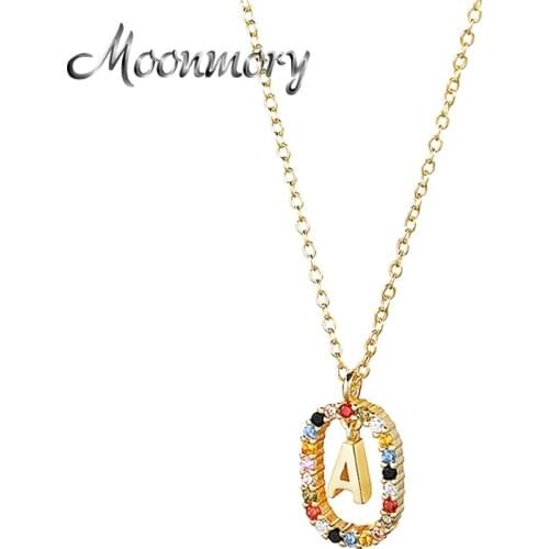 Moonmory Real 925 Sterling Silver 26 Letter Pendant Necklace With Colorful Zircon CZ long Necklaces Luxury Women Named Jewelry