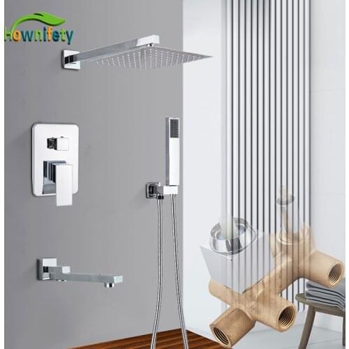 Chrome Shower Faucet Set Bathroom Hot Cold Concealed Shower Mixer Systems Wall Mount ABS plastic Handheld Rainfall Shower Head