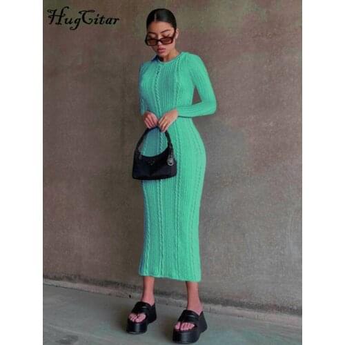 Hugcitar 2021 Women Fall Winter Fashion Bodycon Stripe O Neck Pure Color Long Sleeves Maxi Dress Female Sexy Outfits Streetwear