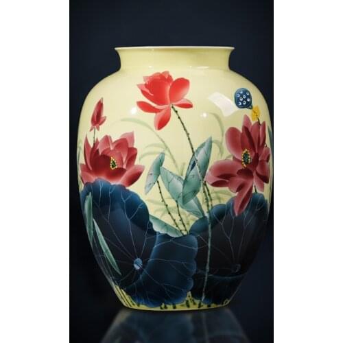 Jingdezhen Ceramics Hand Painted Lotus Large Mouth Vase Decoration Chinese Household Living Room Flower Arrangement Antique