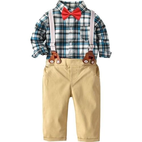 Spring Autumn Newborn Boy Clothes Long Sleeves Bow Romper + Pants + Belt 4 Pieces Party Birthday Kid Gentleman Costume Green