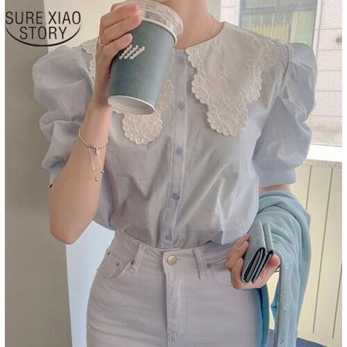 Korean Short Sleeve Summer Blouse Womens Fashion Sweet Buttons Loose Blue Shirt New 2021 Chic Doll Collar Patchwork Tops 13846