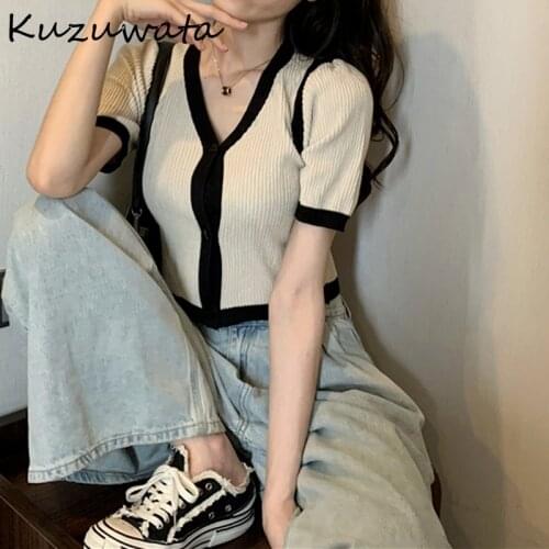 Kuzuwata Hit Color Patchwork Slim Knit Sweater Women V Neck Short Sleeve Short Pull Femme Spring Summer 2021 New Sueter Mujer