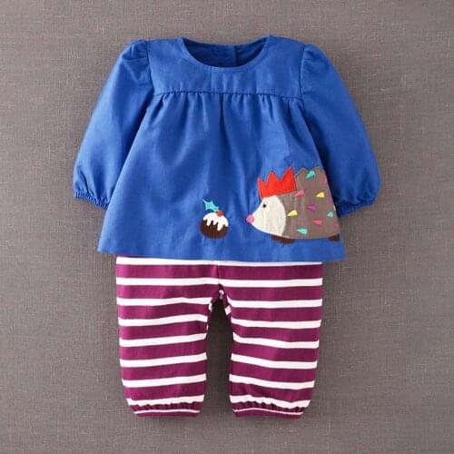 Little Maven New Spring Autumn Kids Blue Applique Hedgehog Woven Pants Striped Cotton Knitted Girls Long-sleeved Blouse Sets