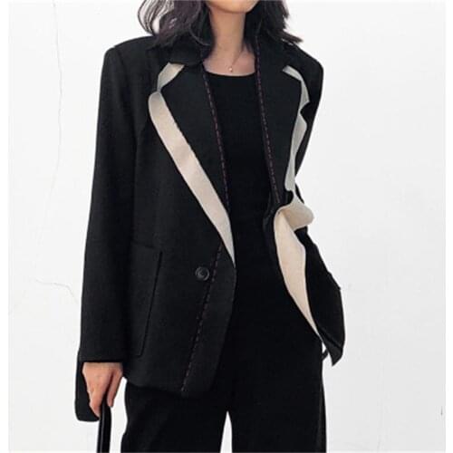 Fashion Blazers Female coat spring New high quality Retro black stitching loose casual suit women Blazers blouse tops