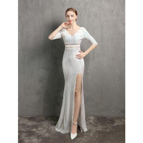 2021 New Women See Through Half Sleeve Gold Sequin Evening Dress Slit Party Dress Long Prom Dress