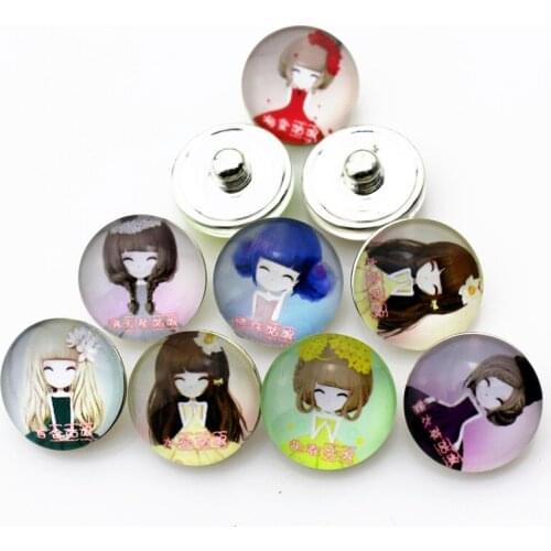 New arrive 50pcs/lot Glass Cartoon girls snap buttons charms DIY 18mm ginger snap button bracelet&bangle jewelry