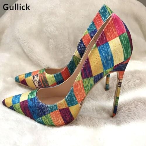 Real Photos Bright Gingham High Heels Woman Pumps For 2018 Chic Mixed Colors Shallow Woman Prom Dress Shoe Gladiator Pumps