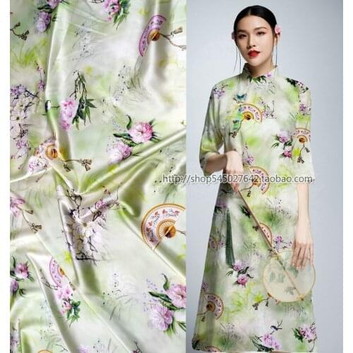 High Green Flowers silk fabric christmas 3% stretch satin fabric wide summer haute couture 19mm tissu japonais tissus au meters