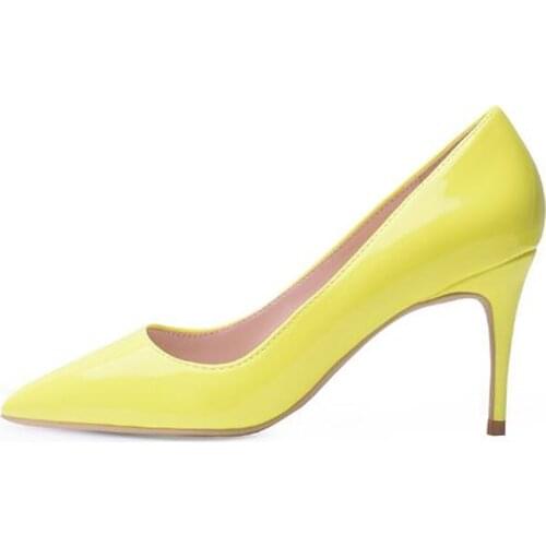Brand Heels Women Pumps Patent Leather Slip On 8CM Thin High Heels Pointed Toe Dress Wedding Shallow Women Shoes 2020 Yellow